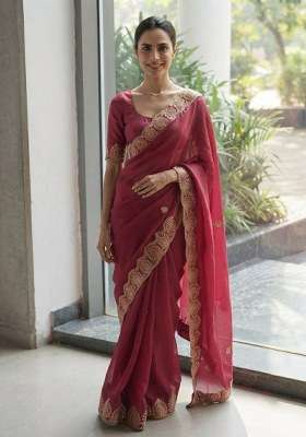 Pink Chiffon Satin Saree Set with Embroidered for Diwali | Wedding & Festive Wear