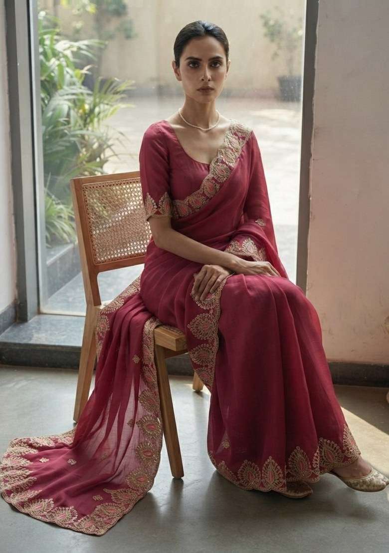 Pink Chiffon Satin Saree Set with Embroidered for Diwali | Wedding & Festive Wear - Indya