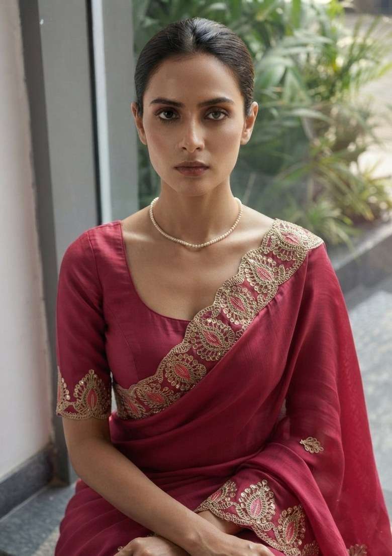 Pink Chiffon Satin Saree Set with Embroidered for Diwali | Wedding & Festive Wear - Indya