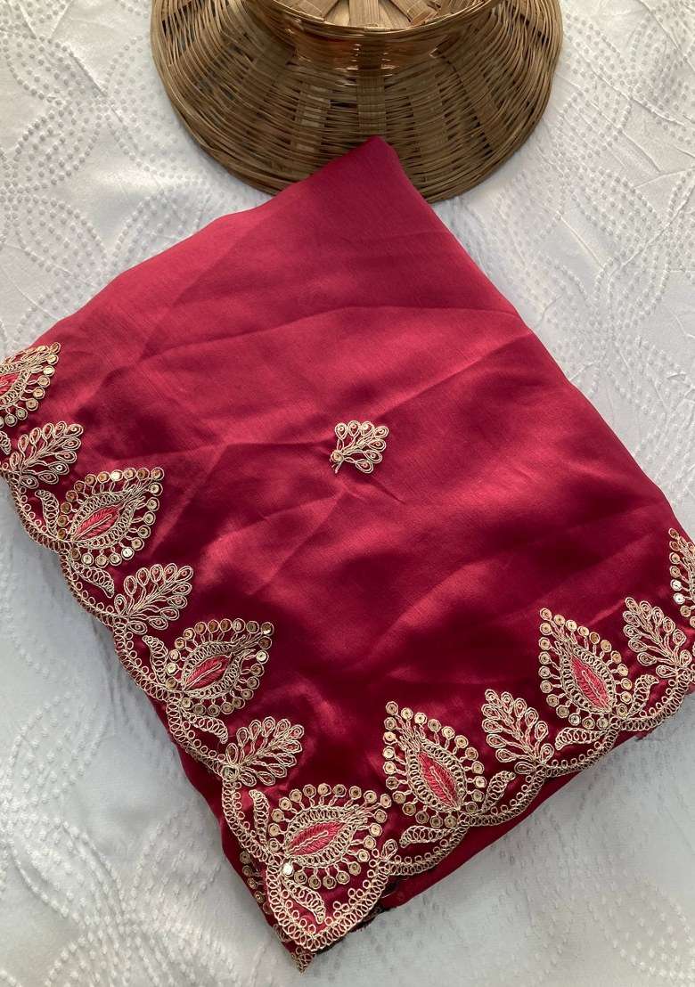 Pink Chiffon Satin Saree Set with Embroidered for Diwali | Wedding & Festive Wear - Indya