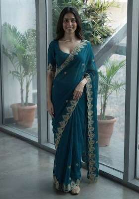 Teal Chiffon Satin Saree Set with Embroidered for Diwali | Wedding & Festive Wear