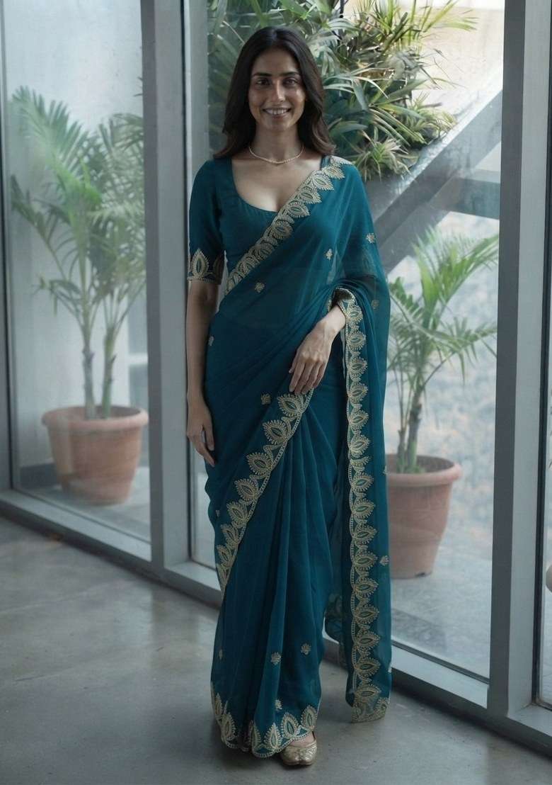 Teal Chiffon Satin Saree Set with Embroidered for Diwali | Wedding & Festive Wear - Indya