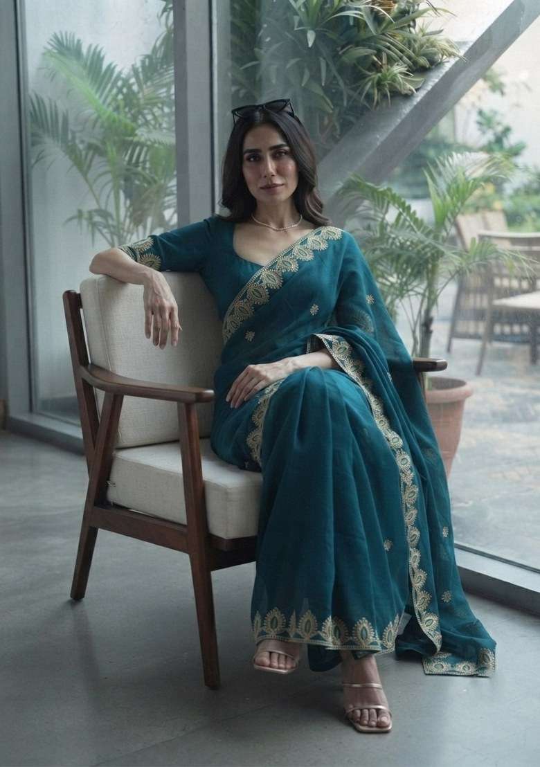 Teal Chiffon Satin Saree Set with Embroidered for Diwali | Wedding & Festive Wear - Indya