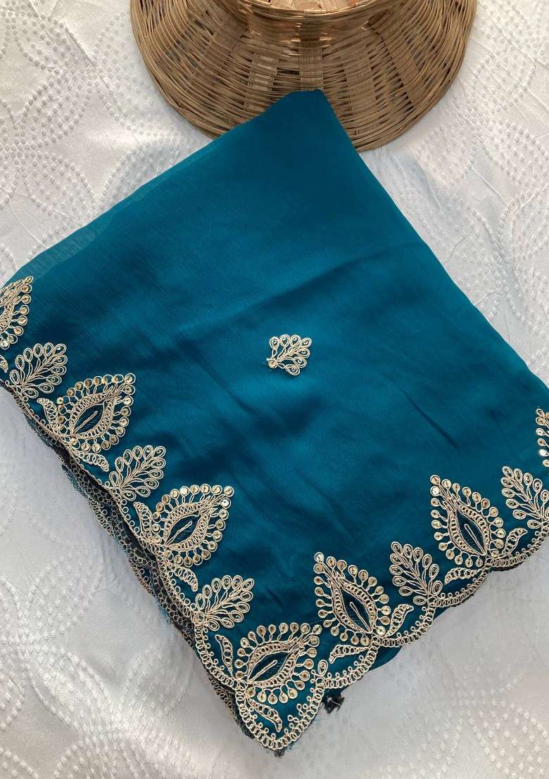 Teal Chiffon Satin Saree Set with Embroidered for Diwali | Wedding & Festive Wear - Indya