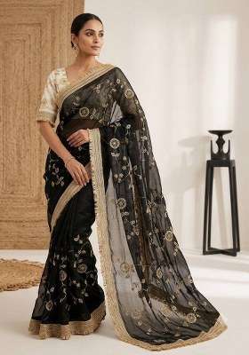 Black Embroidered Silk Blend Saree Set for Diwali and Festive Wear