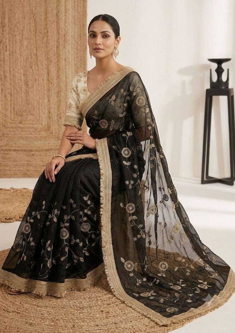 Black Embroidered Silk Blend Saree Set for Diwali and Festive Wear - Indya