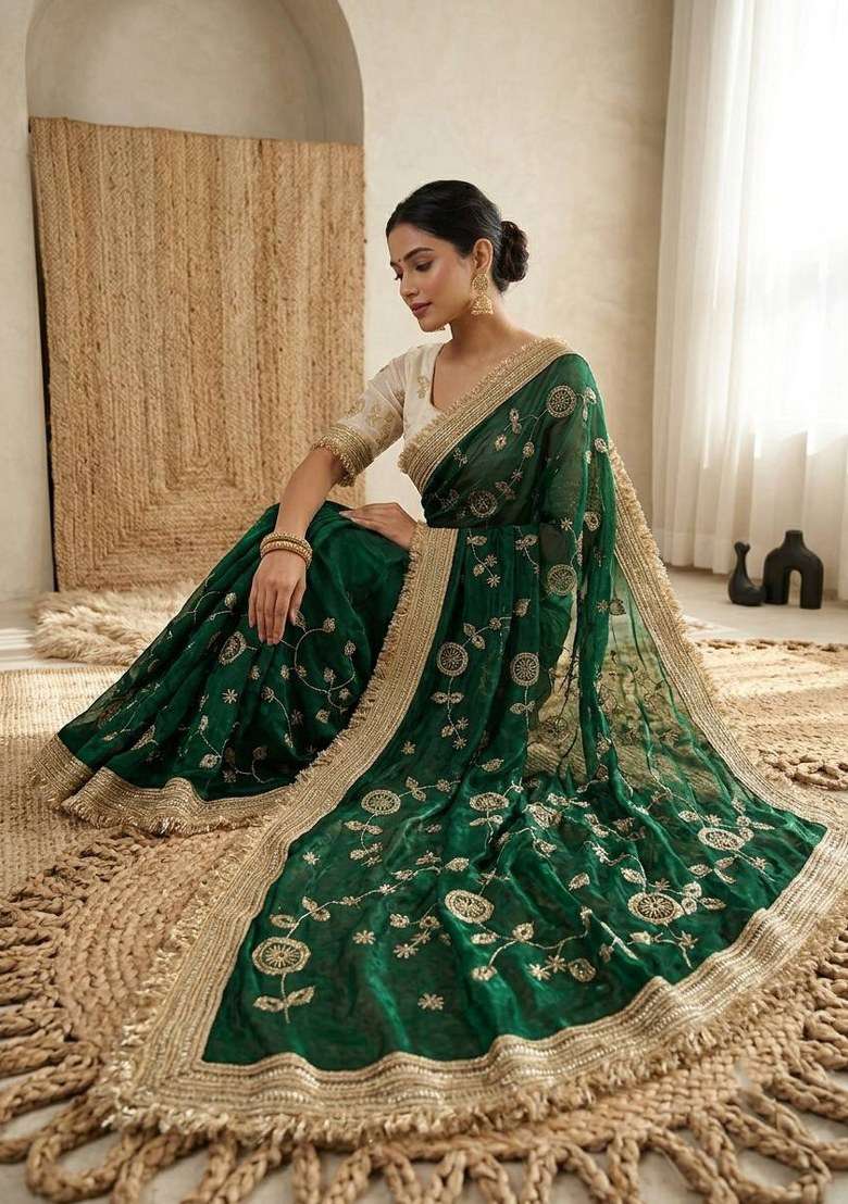Green Embroidered Silk Blend Saree Set for Diwali and Festive Wear - Indya