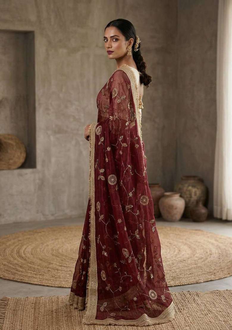 Maroon Embroidered Silk Blend Saree Set for Diwali and Festive Wear - Indya