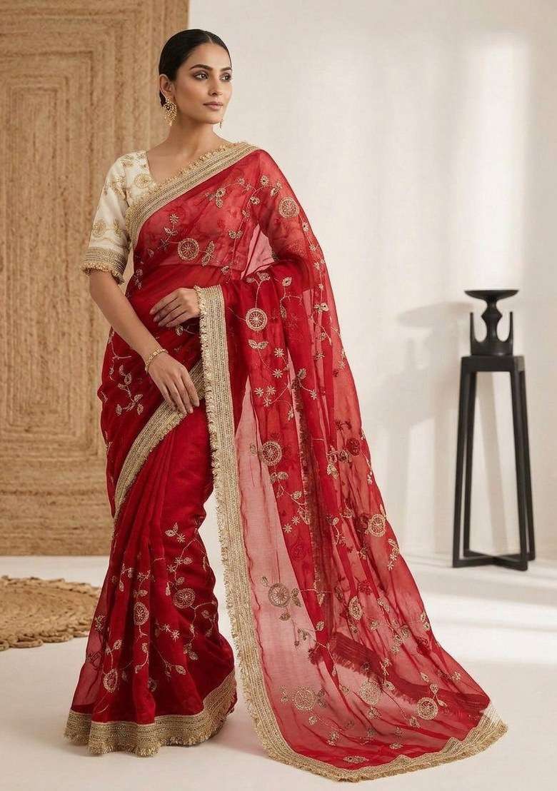 Red Embroidered Silk Blend Saree Set for Diwali and Festive Wear - Indya