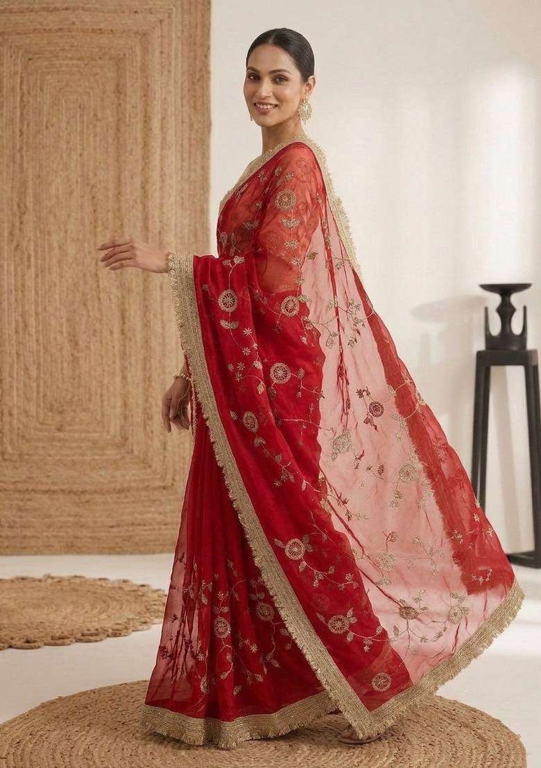 Red Embroidered Silk Blend Saree Set for Diwali and Festive Wear - Indya