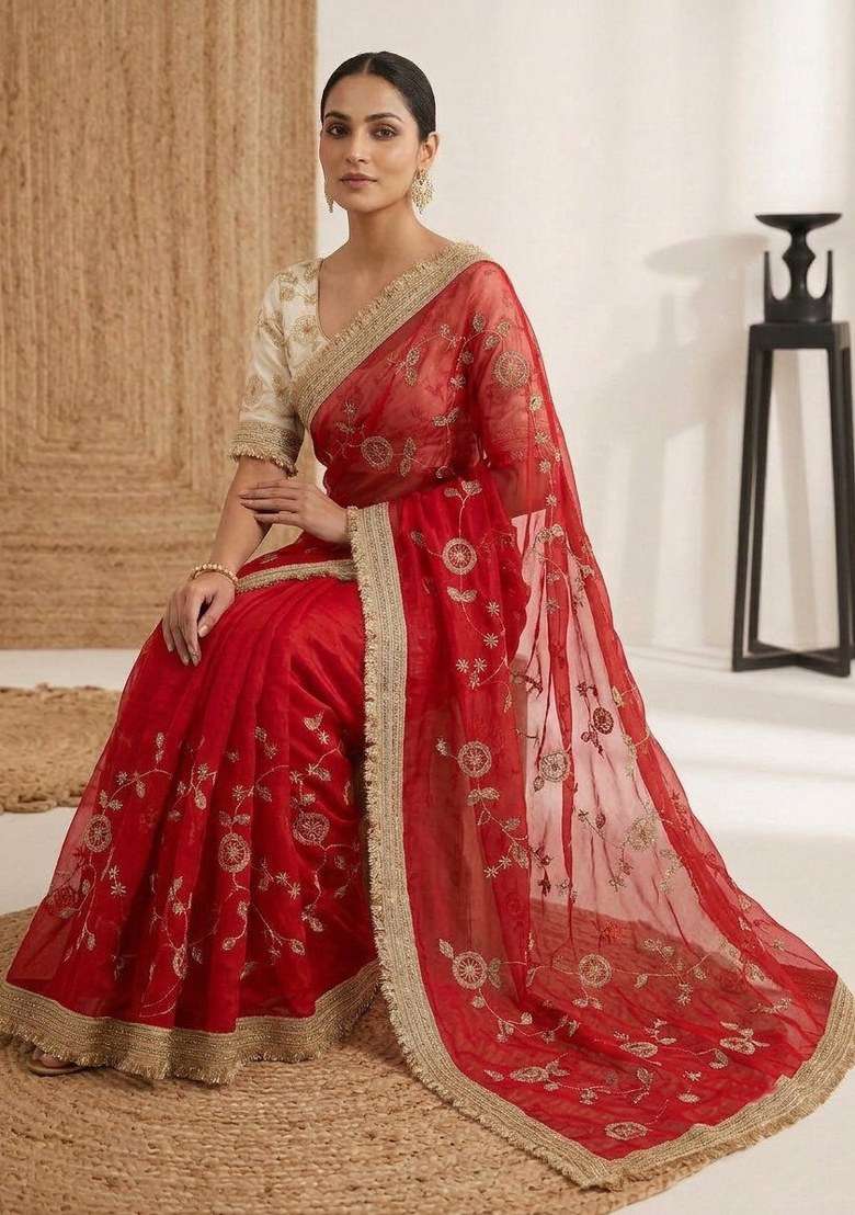 Red Embroidered Silk Blend Saree Set for Diwali and Festive Wear - Indya