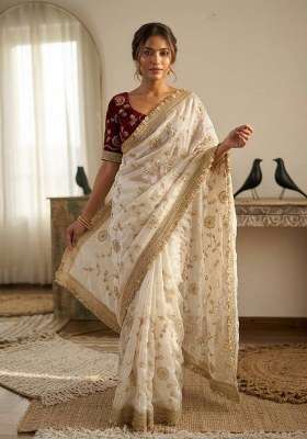 White Embroidered Silk Blend Saree Set for Diwali and Festive Wear