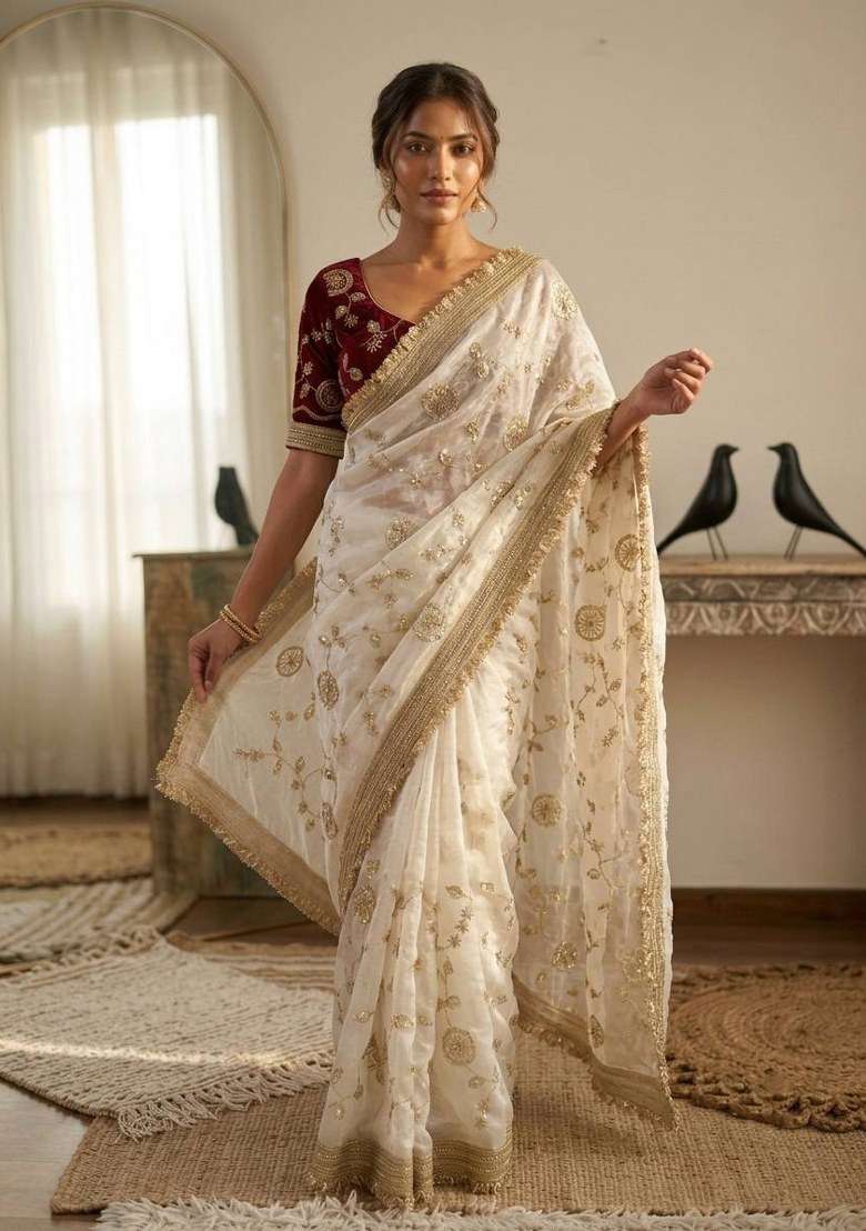 White Embroidered Silk Blend Saree Set for Diwali and Festive Wear - Indya