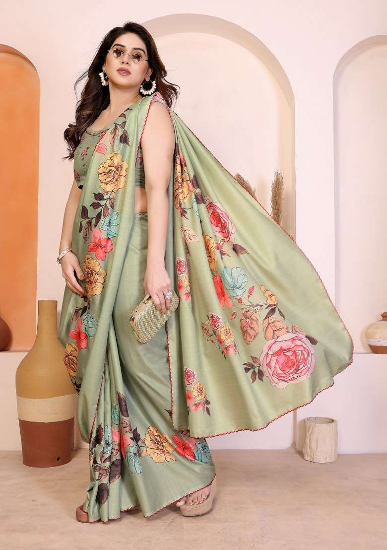 Pista Green Silk Blend Saree Set with Printed for Diwali | Wedding & Festive Wear - Indya