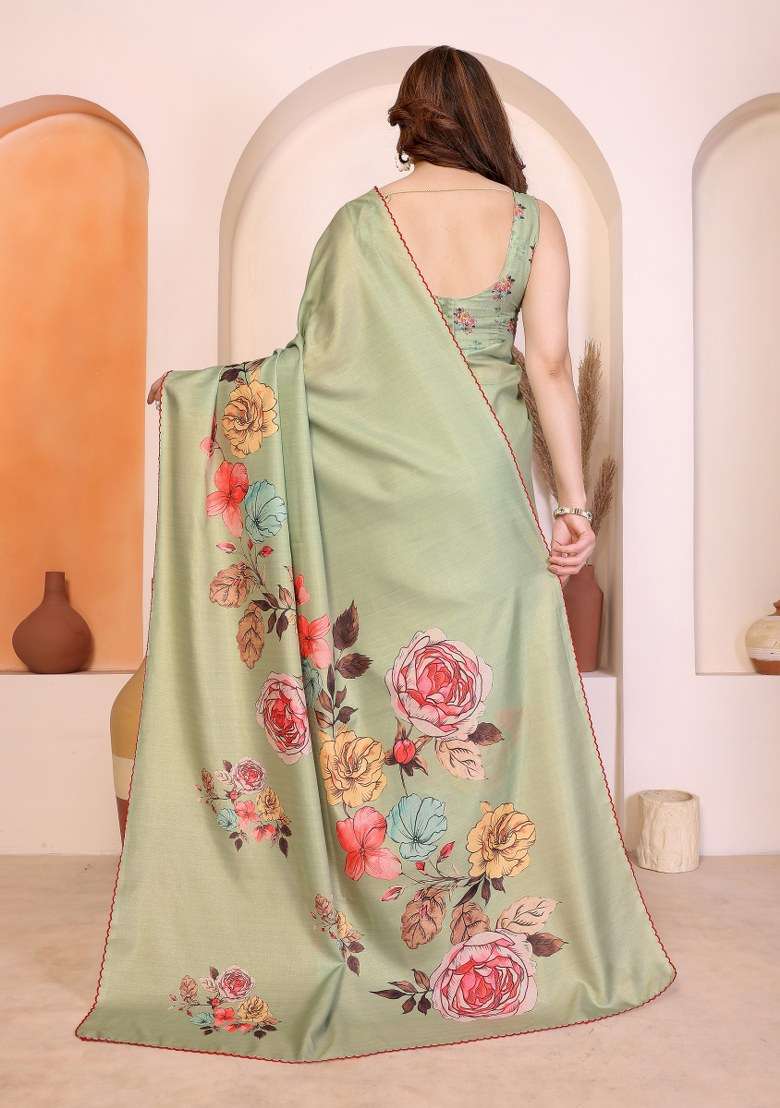 Pista Green Silk Blend Saree Set with Printed for Diwali | Wedding & Festive Wear - Indya