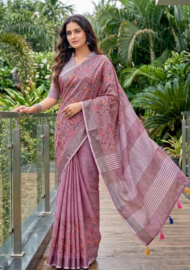 Purple Embroidered Linen Saree Set for Diwali and Festive Wear - Indya