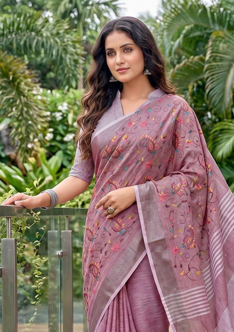 Purple Embroidered Linen Saree Set for Diwali and Festive Wear - Indya