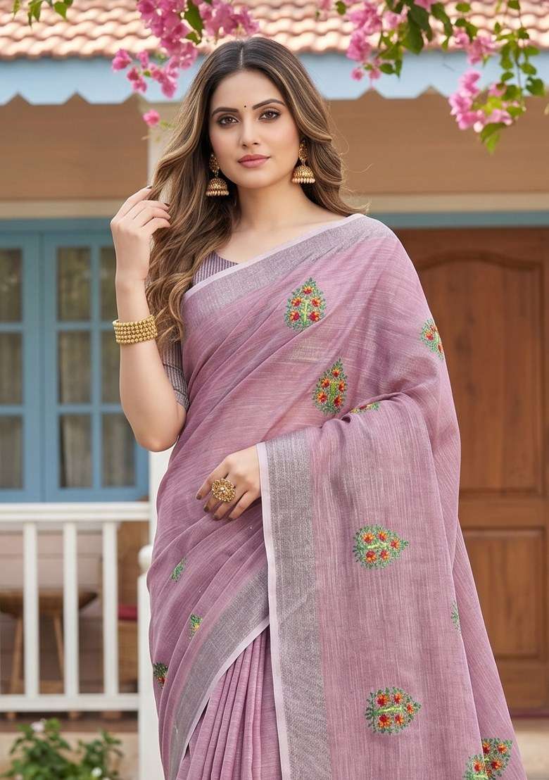 Light Purple Embroidered Linen Saree Set for Diwali and Festive Wear - Indya