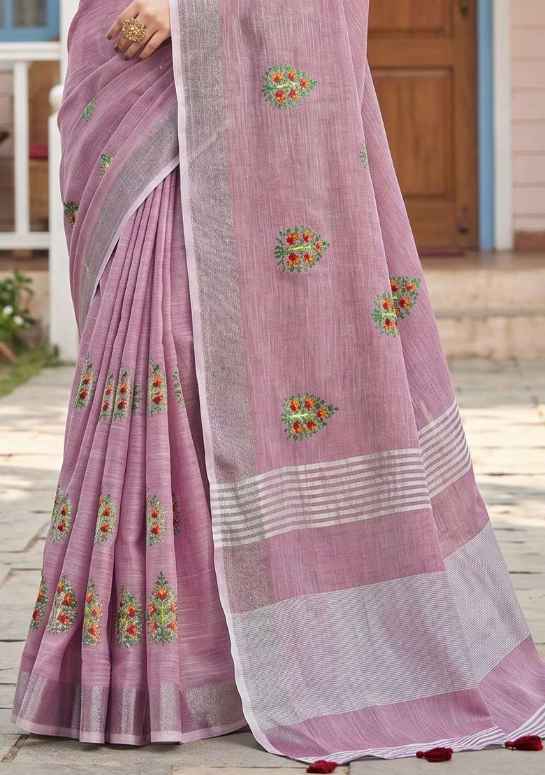 Light Purple Embroidered Linen Saree Set for Diwali and Festive Wear - Indya