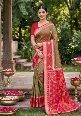 Mehendi Green Jacquard Work Silk Blend Saree Set for Diwali and Festive Wear