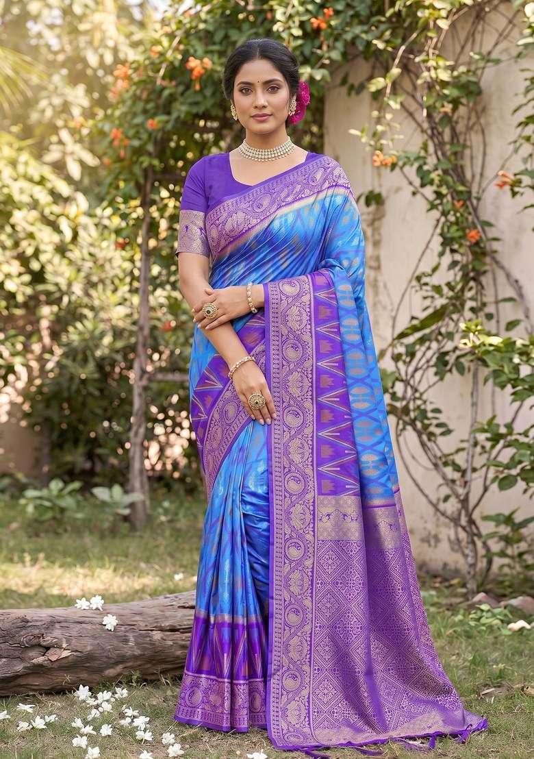 Sky Blue Jacquard Work Silk Blend Saree Set for Diwali and Festive Wear - Indya
