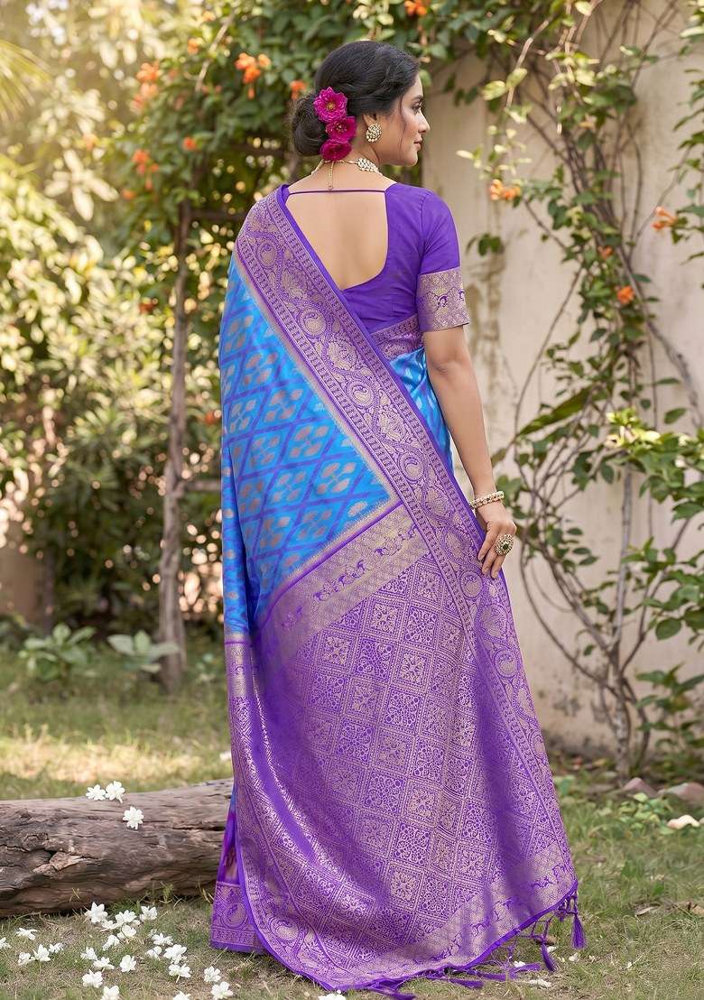 Sky Blue Jacquard Work Silk Blend Saree Set for Diwali and Festive Wear - Indya