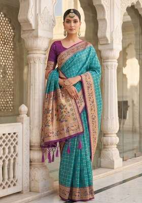 Turquoise Blue Weaving Work Silk Blend Saree Set for Diwali and Festive Wear