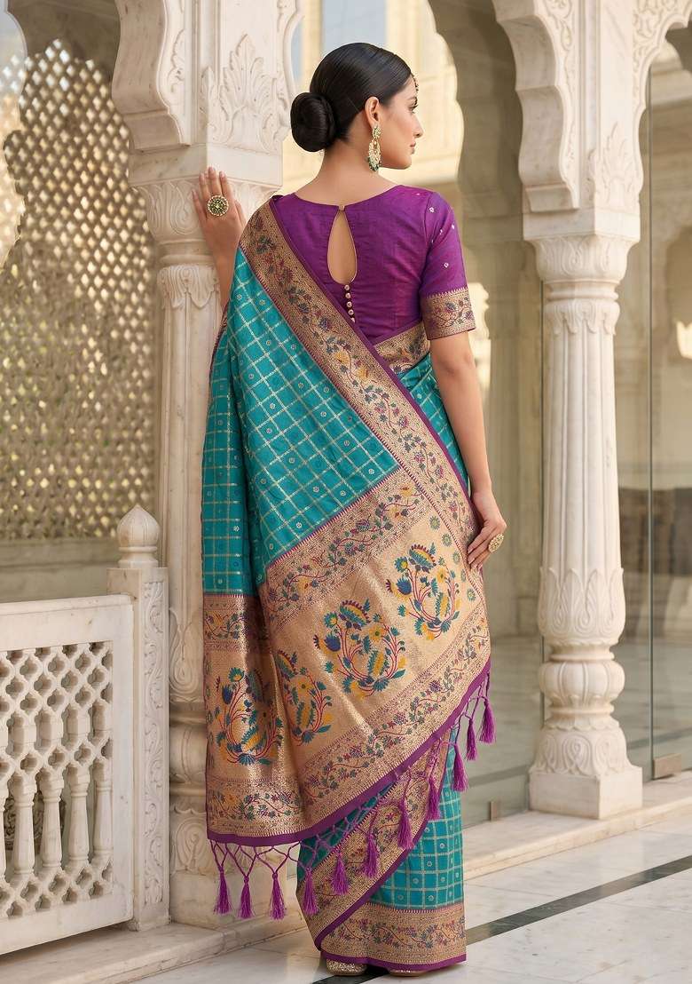 Turquoise Blue Weaving Work Silk Blend Saree Set for Diwali and Festive Wear - Indya