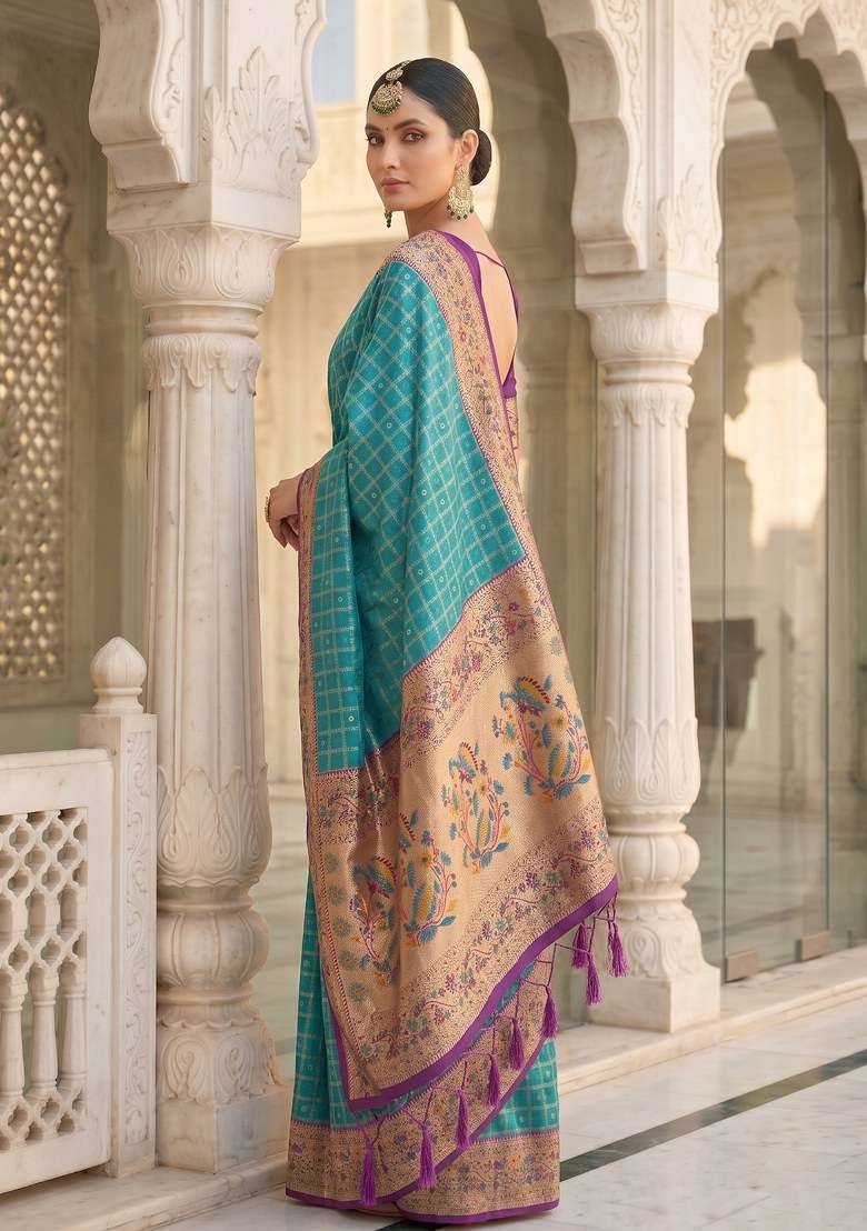 Turquoise Blue Weaving Work Silk Blend Saree Set for Diwali and Festive Wear - Indya