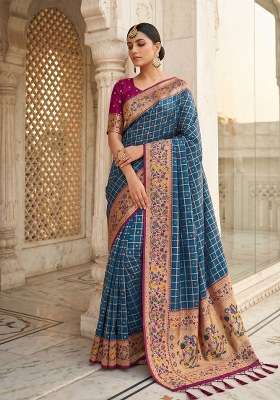 Blue Weaving Work Silk Blend Saree Set for Diwali | Wedding & Festive Wear