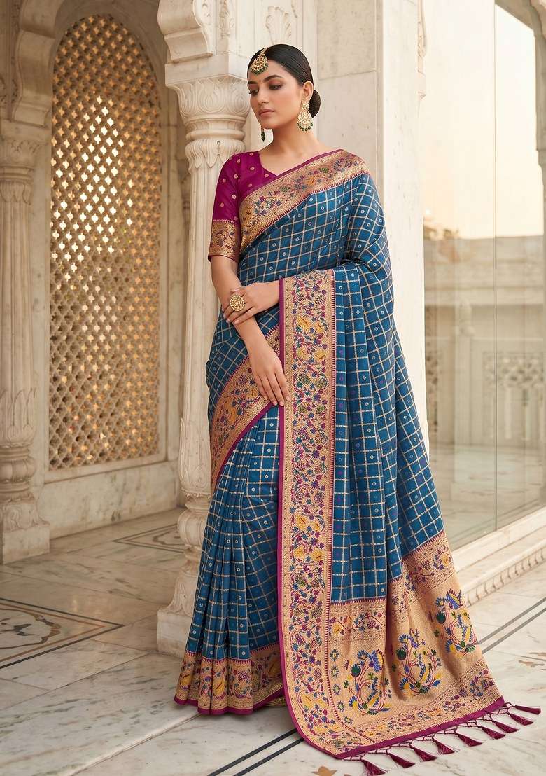 Blue Weaving Work Silk Blend Saree Set for Diwali | Wedding & Festive Wear - Indya