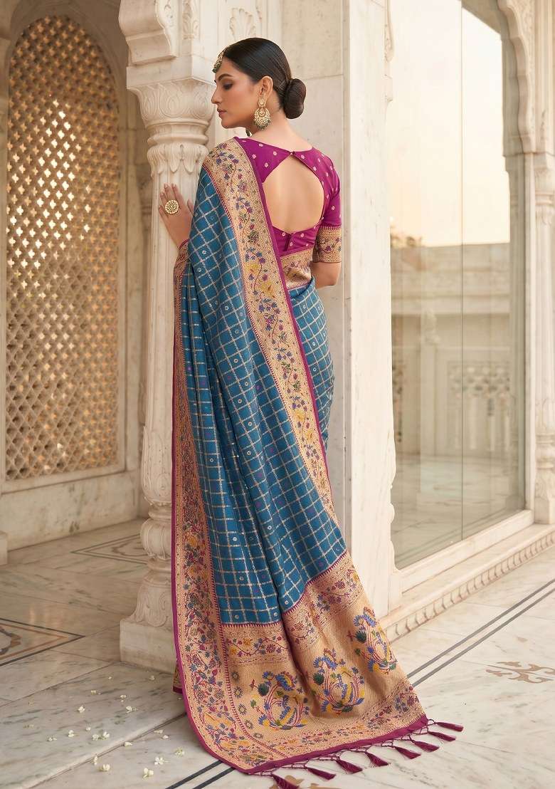 Blue Weaving Work Silk Blend Saree Set for Diwali | Wedding & Festive Wear - Indya