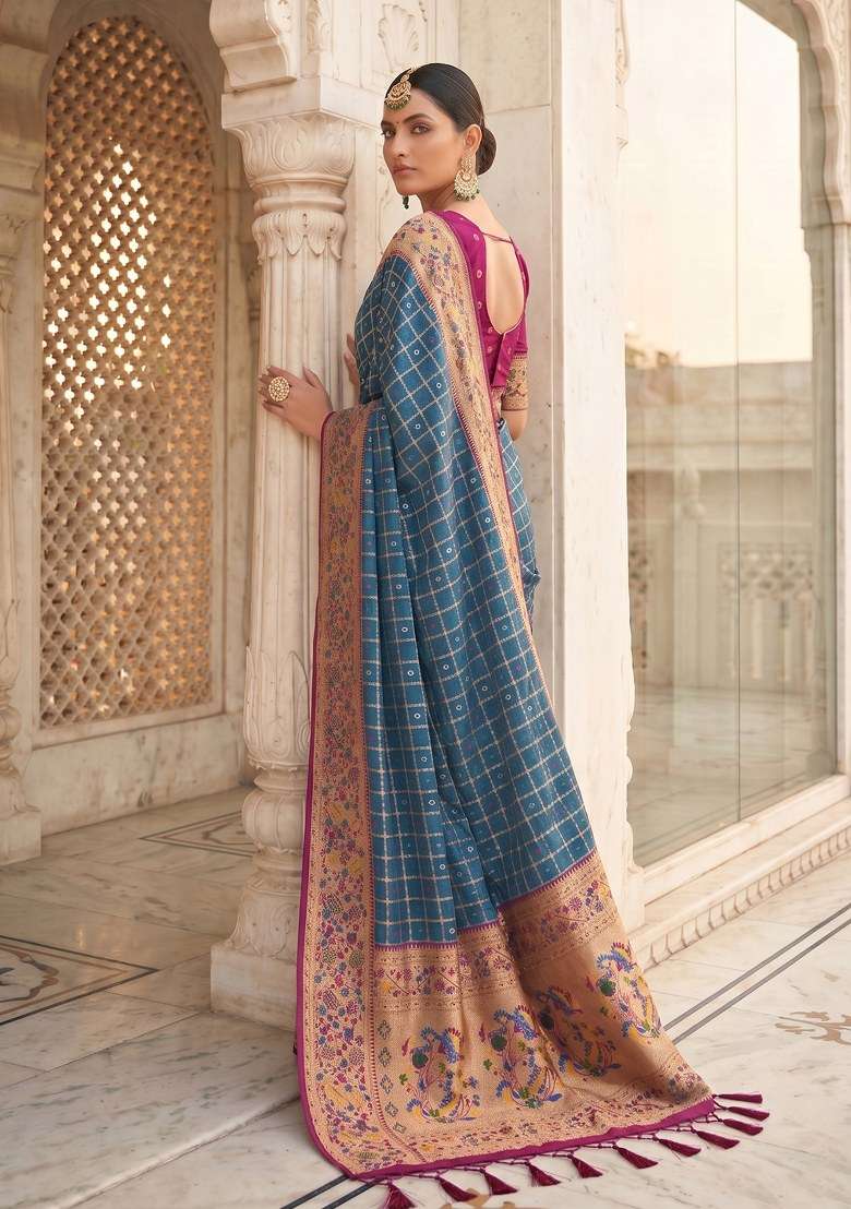 Blue Weaving Work Silk Blend Saree Set for Diwali | Wedding & Festive Wear - Indya
