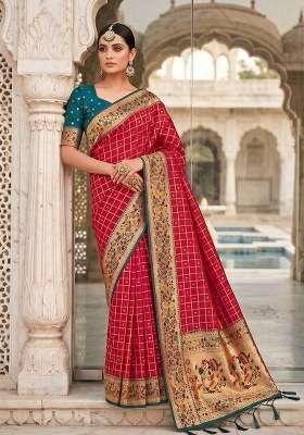 Rani Pink Weaving Work Silk Blend Saree Set for Diwali and Festive Wear