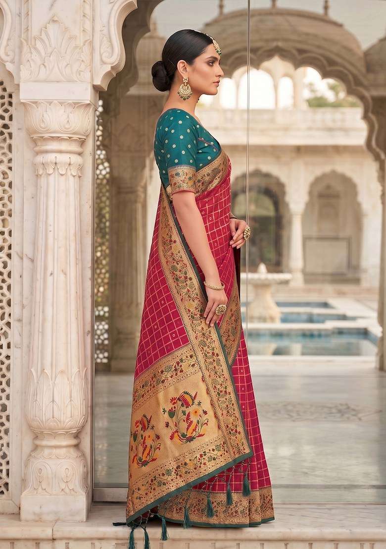 Rani Pink Weaving Work Silk Blend Saree Set for Diwali and Festive Wear - Indya