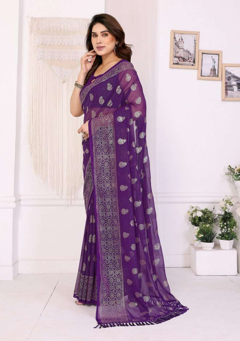 Purple Georgette Saree Set for Diwali and Festive Wear - Indya