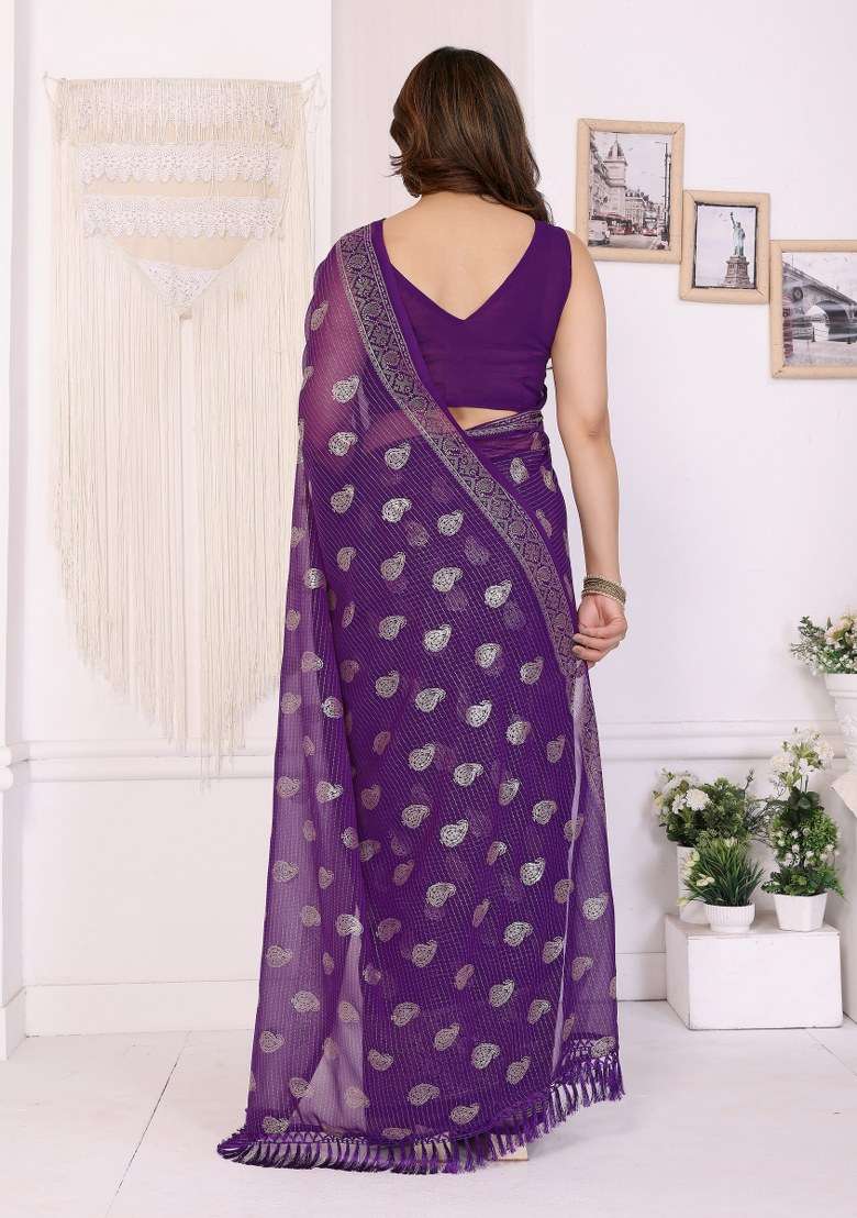 Purple Georgette Saree Set for Diwali and Festive Wear - Indya
