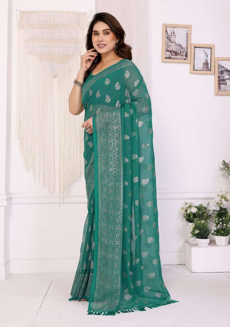 Rama Green Georgette Saree Set for Diwali | Wedding & Festive Wear - Indya