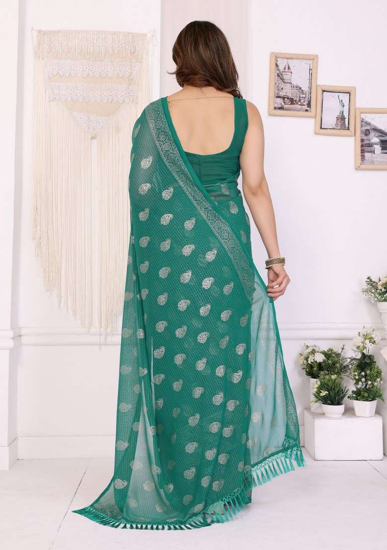 Rama Green Georgette Saree Set for Diwali | Wedding & Festive Wear - Indya