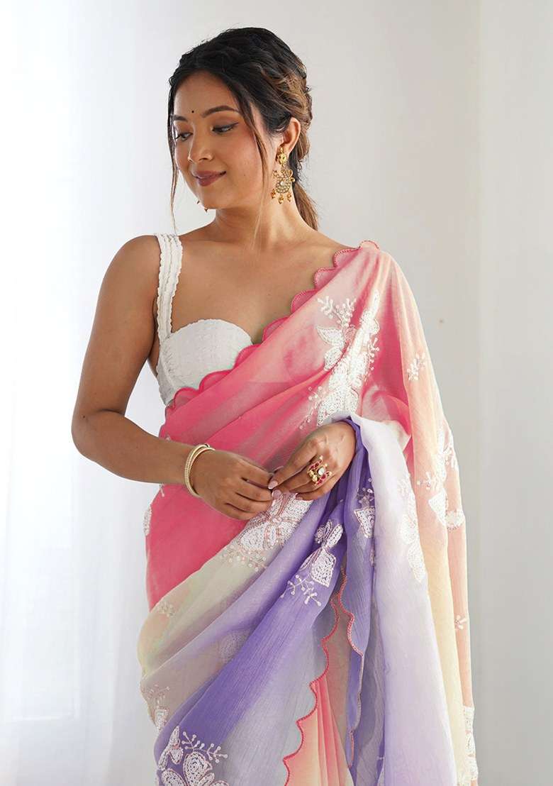 Multicolor Silk Blend Saree Set with Embroidered for Diwali | Wedding & Festive Wear - Indya
