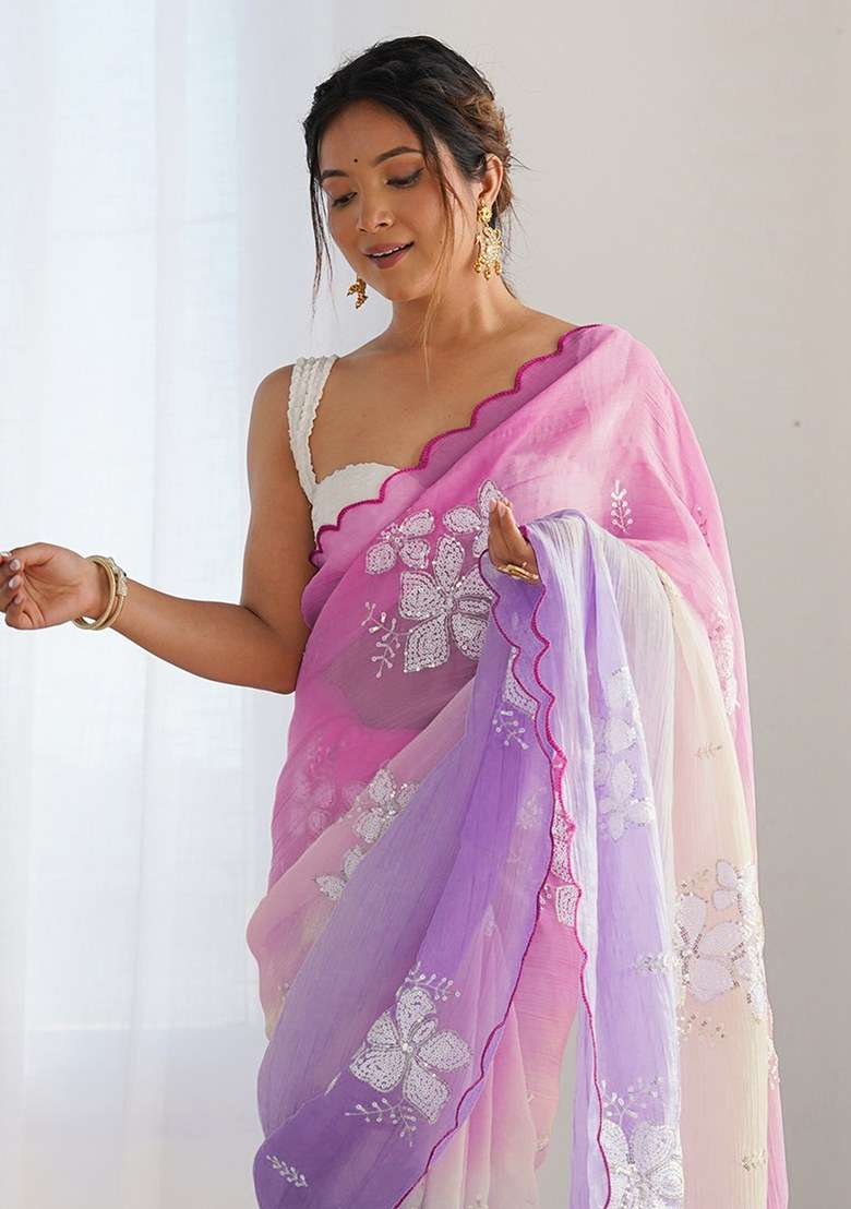Multicolor Silk Blend Saree Set with Embroidered for Diwali | Wedding & Festive Wear - Indya
