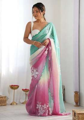 Multicolor Embroidered Silk Blend Saree Set for Diwali and Festive Wear