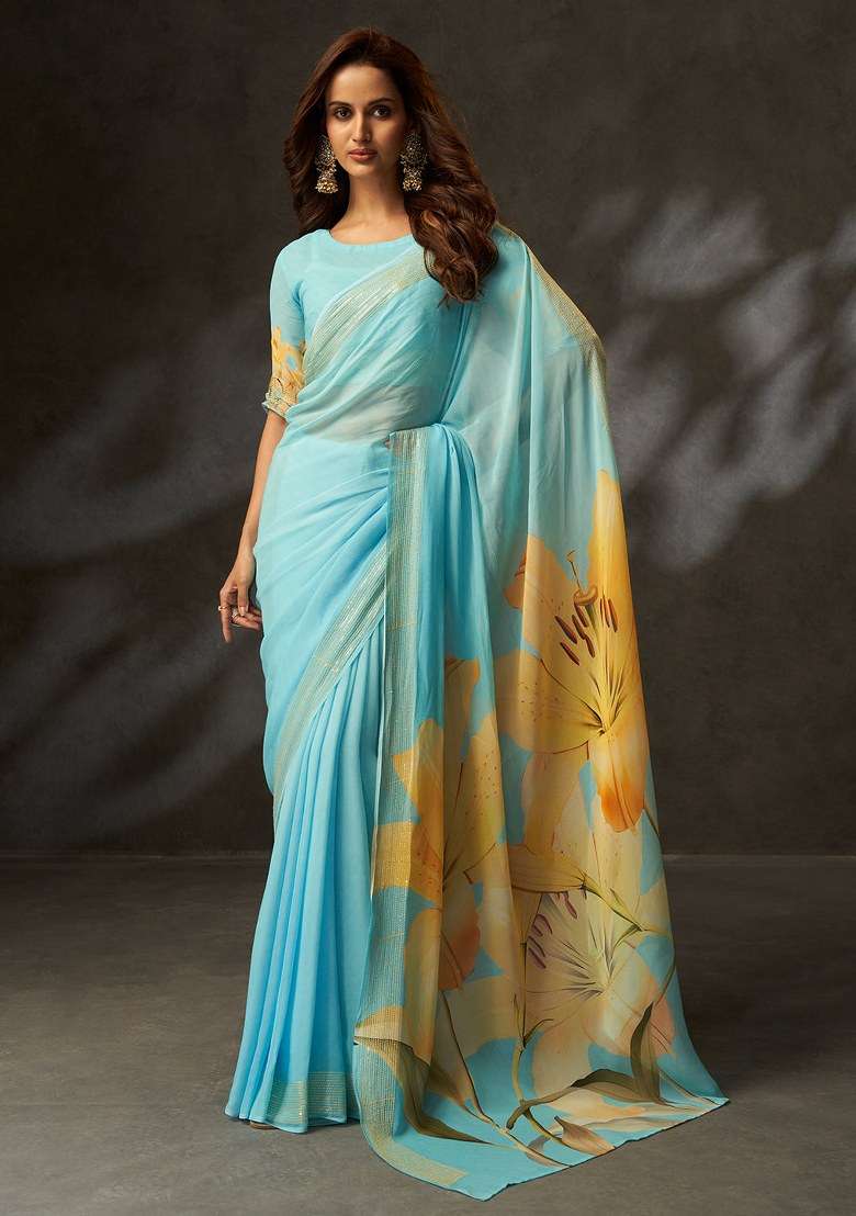 Sky Blue Georgette Saree Set with Printed for Diwali | Wedding & Festive Wear - Indya