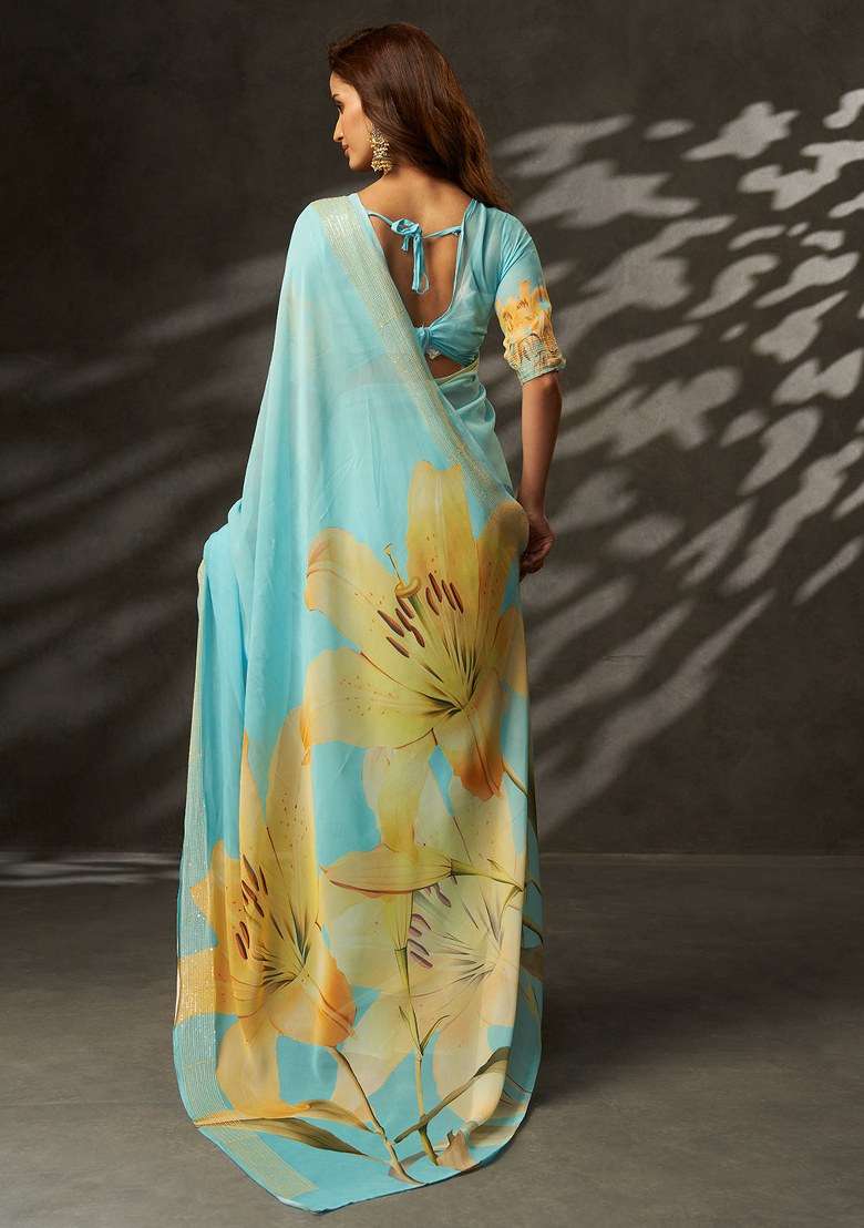 Sky Blue Georgette Saree Set with Printed for Diwali | Wedding & Festive Wear - Indya