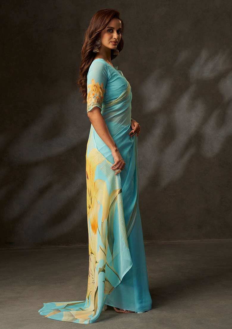 Sky Blue Georgette Saree Set with Printed for Diwali | Wedding & Festive Wear - Indya
