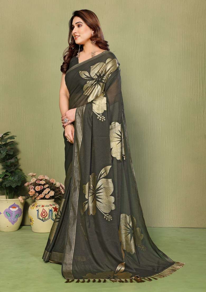 Mehendi Green Georgette Saree Set with Zari Work for Diwali | Wedding & Festive Wear - Indya
