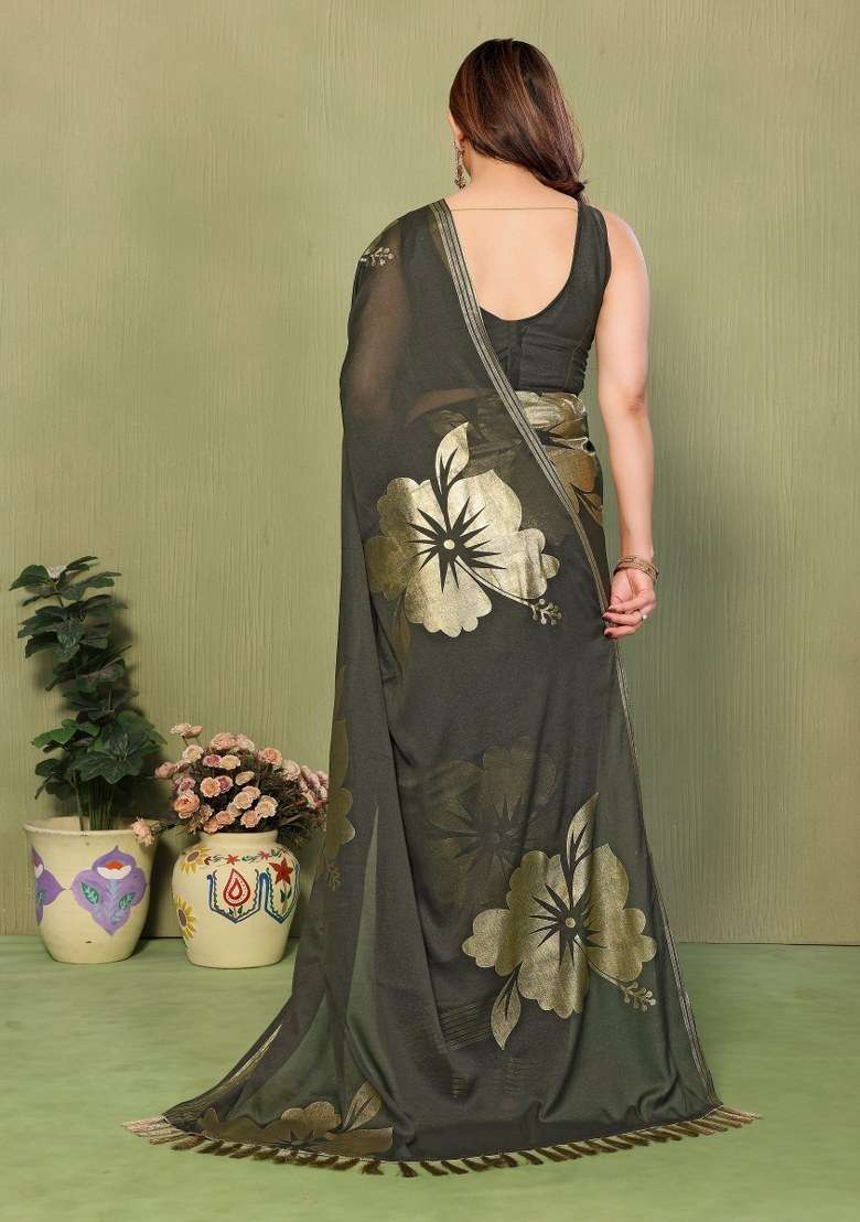 Mehendi Green Georgette Saree Set with Zari Work for Diwali | Wedding & Festive Wear - Indya