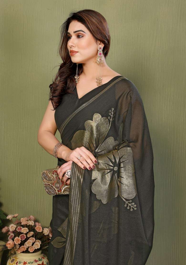 Mehendi Green Georgette Saree Set with Zari Work for Diwali | Wedding & Festive Wear - Indya