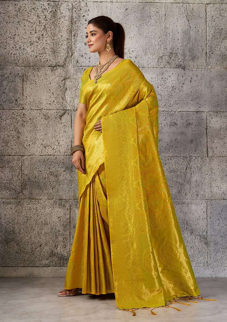 Mustard Yellow Jacquard Work Silk Blend Saree Set for Diwali and Festive Wear - Indya