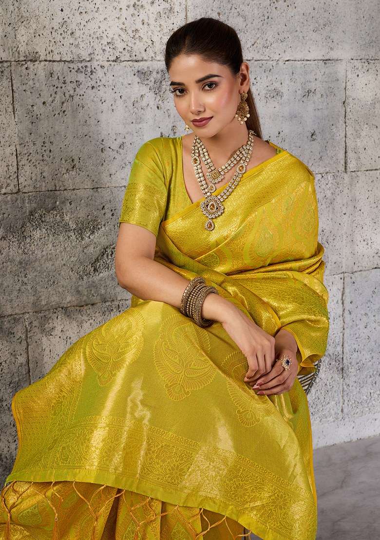 Mustard Yellow Jacquard Work Silk Blend Saree Set for Diwali and Festive Wear - Indya